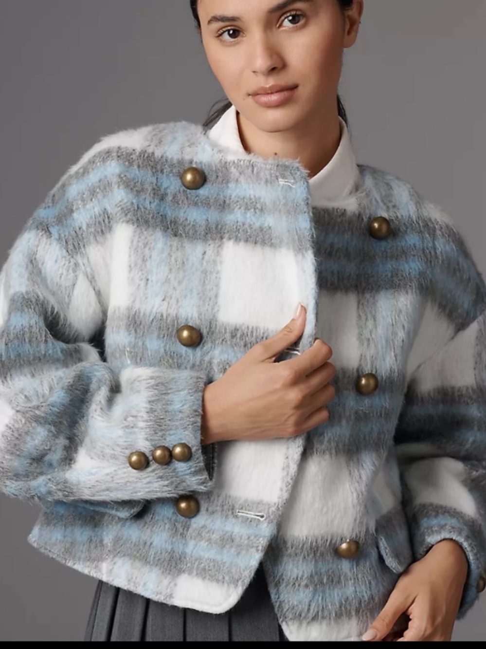 Maeve Blue Gray White Plaid Teddy Double-Breasted Jacket